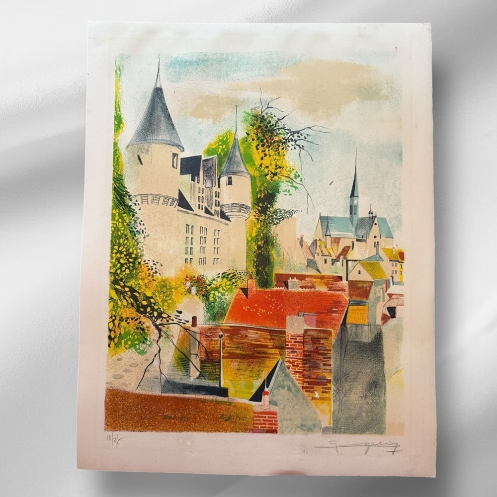 Vintage Claude Grosperrin LE Lithograph, Village Scene w/Castle, Signed